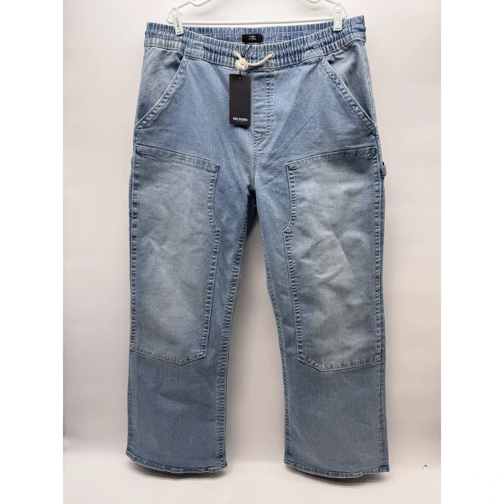 True Religion Vinny Ultra Baggy Carpenter Pants Mens 38 Light Blue Suede Wash